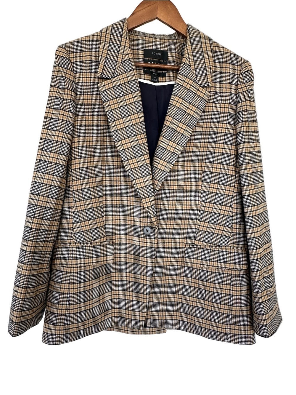 J. Crew Nalya Women's Plaid Single-Button Blazer in Camel/Black, wool plaid